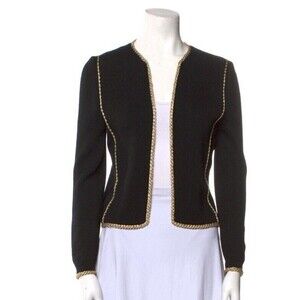 St. John By Marie black open knit cardigan with braid  gold embellishments Sz S